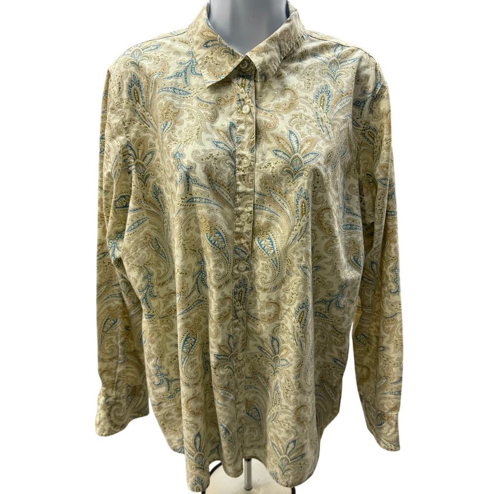 Lands' End No Iron Women22W Biege Blue Collar Long Sleeve Button floral Blouse